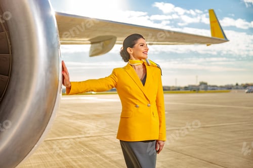 Preview: Cheerful woman airline worker standing near airplane at airfield