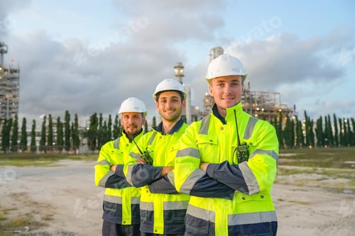 Preview: Refinery industry engineer are working and discussing at front oil and gas industrial factory,