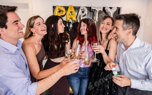 Visualização: Grupo de amigos se divertindo brindando na festa em casa