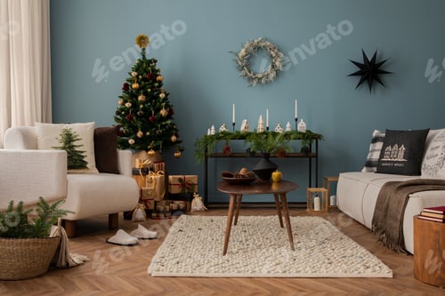 Vista previa: Amazing and cozy christmas living room interior with modular sofa, boucle armchair.
