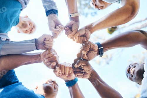 Preview: Fist bump, fitness and group of people for teamwork, collaboration and community, team building and