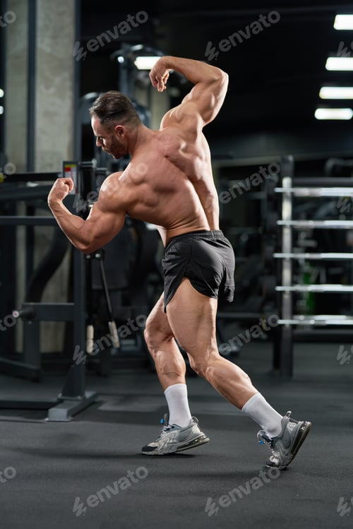 Preview: Shirtless bodybuilder demonstrating muscular body in gym.
