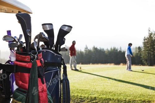 Preview: A closeup of golf clubs on a cart with golfers on the green in the background.