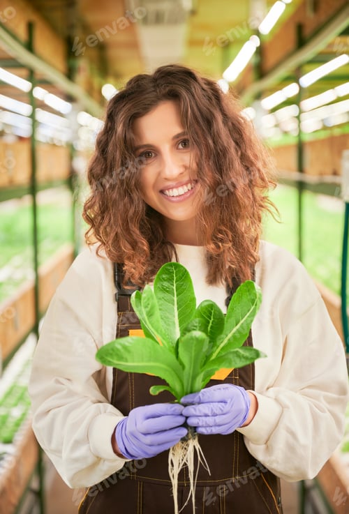 Preview: Joyful young woman with plant standing in greenhouse.
