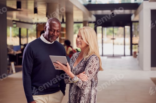 Visualização: Tutores masculinos e femininos em um prédio movimentado de universidades ou faculdades com tablet digital e estudantes