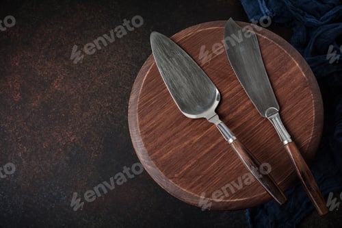 Preview: Vintage spatula and knife for cakes on a dark stone or concrete background. Selective focus. Top vie