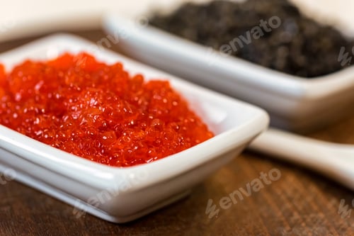 Preview: Black sturgeon and red salmon caviar close up
