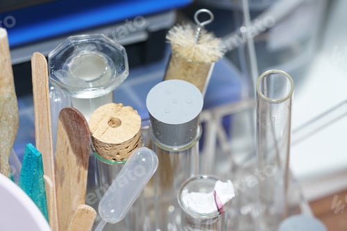 Preview: Selective focus shot of laboratory test tubes with stoppers