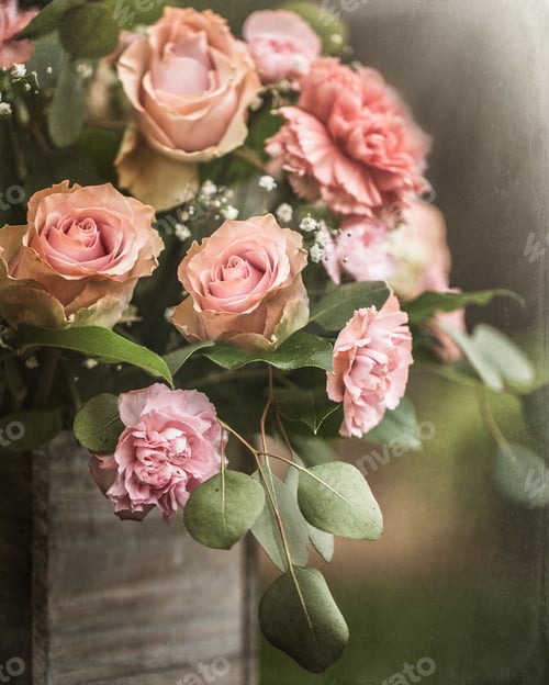 Preview: Fine Art Still Life Image of a beautiful Bouquet of pink carnations and roses.