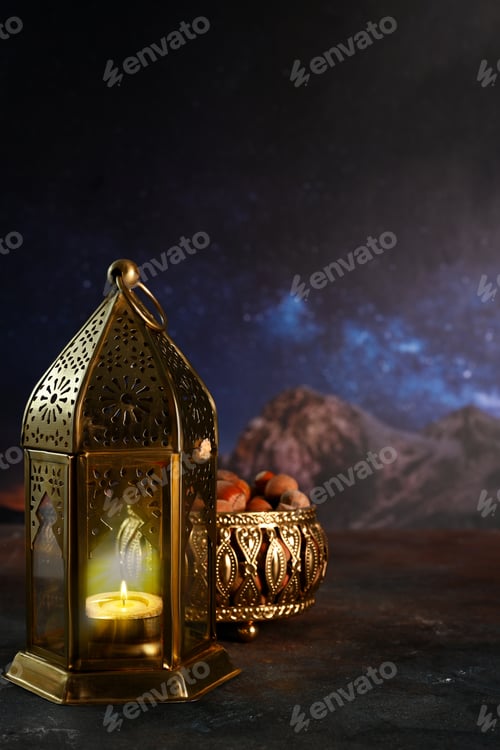 Preview: Ramadan brass lantern with candle light
