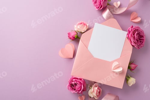 Preview: 8 March theme. Overhead shot of open envelope with a greeting card, surrounded by paper hearts