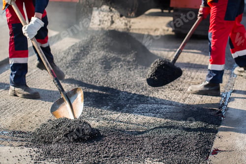 Preview: Repair of roads, highways and sidewalks. Patching. Working with a shovel falls asleep in the pit