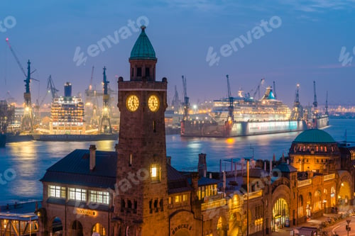 Preview: Germany, Hamburg, St. Pauli Landing stages, Gauge Tower, cruise ships at harbour, blue hour