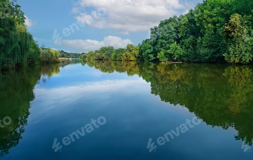 Preview: Forest river in a summer landscape in Ukraine, reflection of the sky in the river