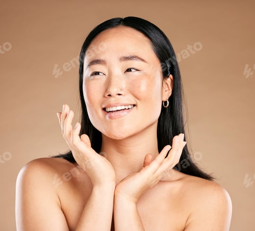 Preview: Beauty, skincare or happy Japanese woman cleaning face in grooming routine isolated on studio backg