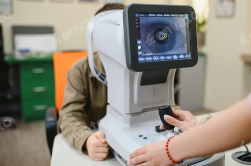 Preview: Ophthalmologist examining child's vision with autorefractor in clinic