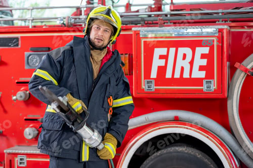 Preview: Fireman hold to for spreader tools and stand in front of fire truck