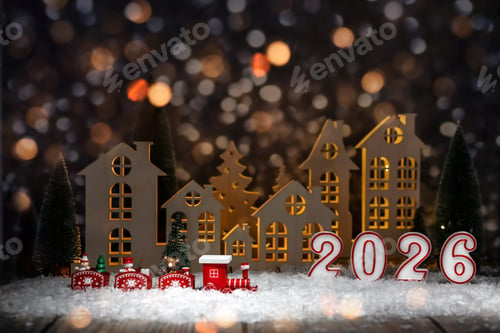 Preview: Toy wooden train,miniature Christmas village and numbers 2026