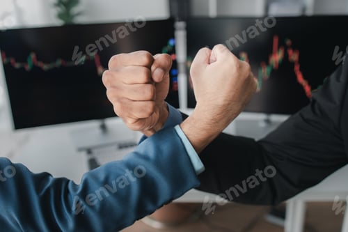 Preview: Stock investors shaking hands, business man trading stocks for profit, stock market oscillating grap