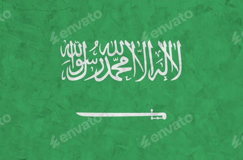 Preview: Saudi Arabia flag depicted in bright paint colors on old relief plastering wall close up