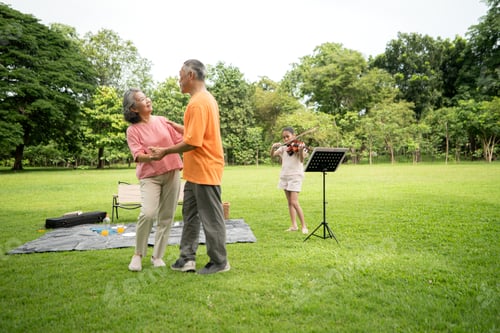 Preview: Happy Asian grandparents enjoying a picnic with their granddaughter in a green park