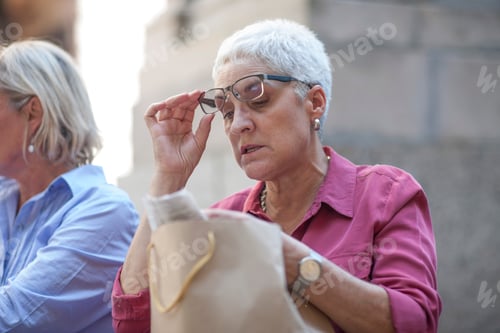 Preview: Mature woman checking shopping receipt in city