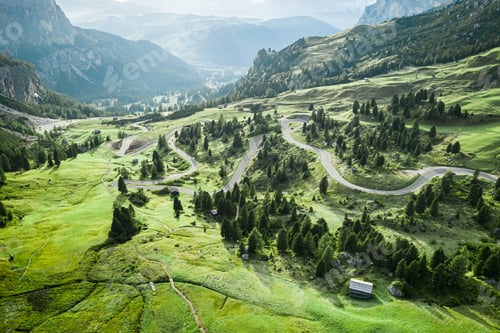 Preview: Aerial view of winding road at Passo Gardena, Dolomites, Europe
