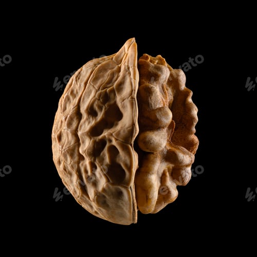 Preview: Half-peeled walnut showing the kernel of a nut isolated on black background.
