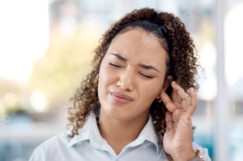 Preview: Earache, injury and woman with a hearing problem from noice, loud music and deaf. Stress, pain and