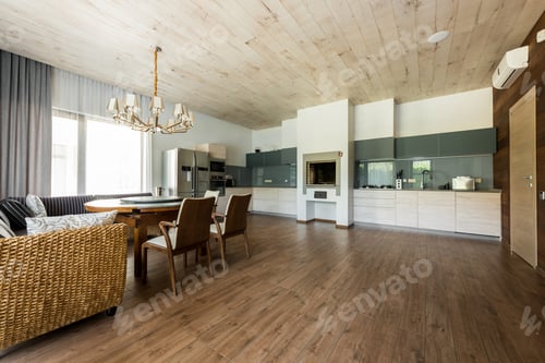 Preview: interior view of stylish empty kitchen and dining room