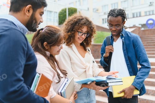 Preview: Diverse students reviewing book together on campus