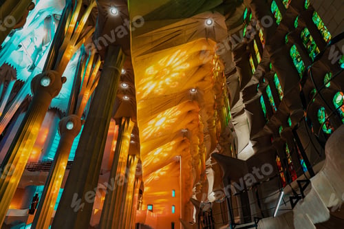 Preview: Gaudi Masterpiece Sagrada Familia Basilica.UNESCO World Heritage.View of interior,Impressive facade
