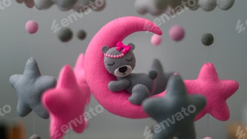 Preview: Baby crib mobile ornaments hangings close up, grey wool felt bear sleeps on a pink plushie moon