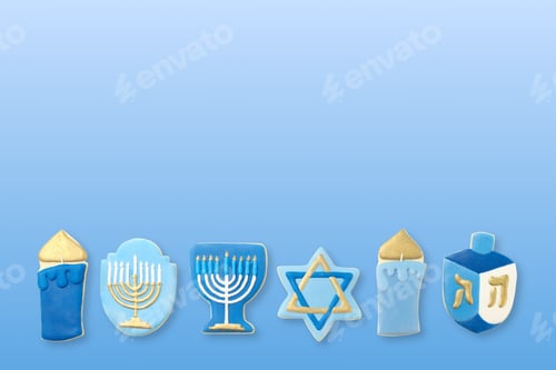 Preview: Hanukkah, blue and gold cookies shaped like menorahs and dreidels