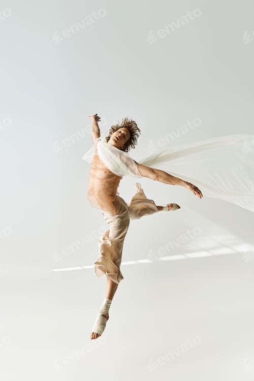 Preview: Curly-haired dancer performs graceful movement in airy studio setting