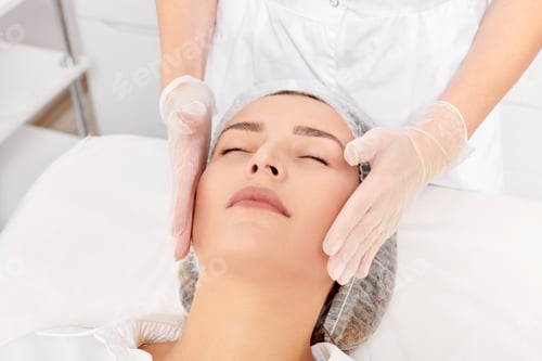 Preview: Beautician massages woman face skin after rubbing moisturizing cream for rejuvenation in clinic