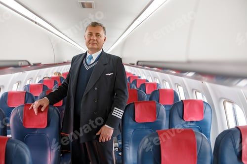 Preview: Male airline worker standing in aircraft passenger salon
