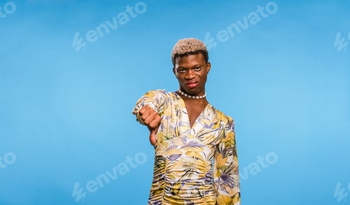 Preview: Displeased black gay man gesturing thumb down