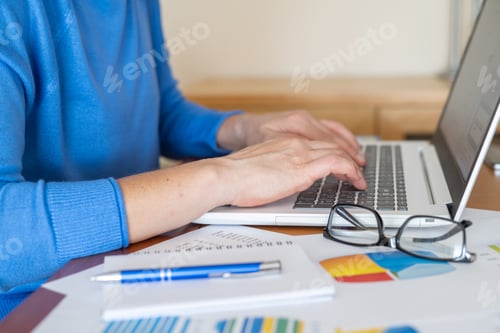 Preview: Businesswoman is working on a laptop, finance and economics