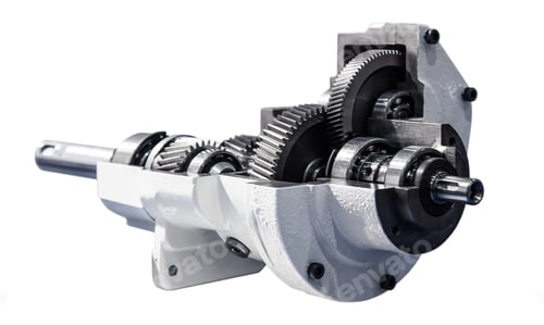 Preview: Gear reducer isolated on white. Gearwheels speed reducer cross section.