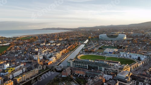 Preview: Aerial view of Dublin bay with with Aviva Stadium at Sunset