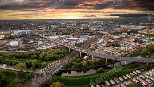 Preview: Aerial view of Doncaster city centre with transport links at sunset