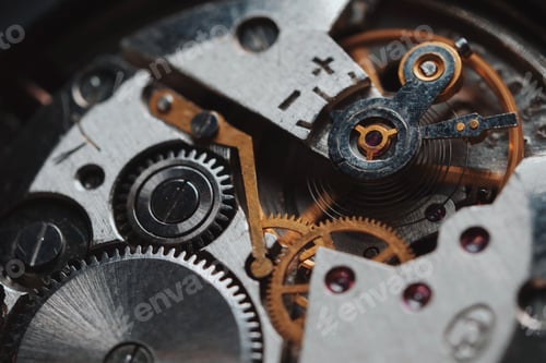 Preview: open clockwork, gears. Old vintage clock mechanism working, closeup shot with soft focus.