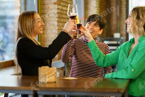 Preview: Excited women proposing toast near pub window