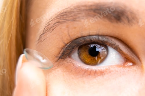 Preview: Young woman holding contact lens near her brown eye.