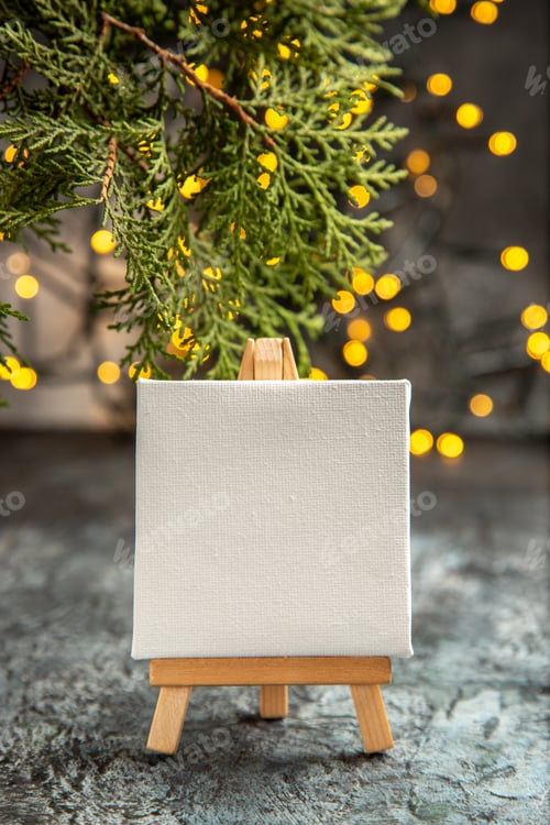 Preview: front view white canvas on wood easel xmas lights pine branches on dark background