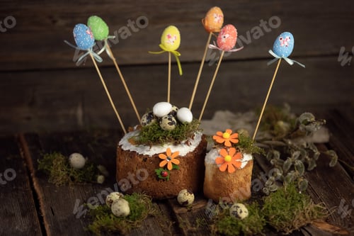 Preview: Quail eggs with delicious baking on the wooden background