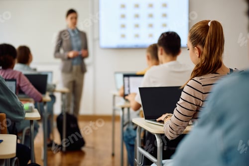Preview: Back view of teenage girl using laptop during computer class at high school.