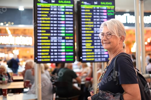 Preview: Woman traveler - senior lady standing inside airport terminal looking at timetable schedule