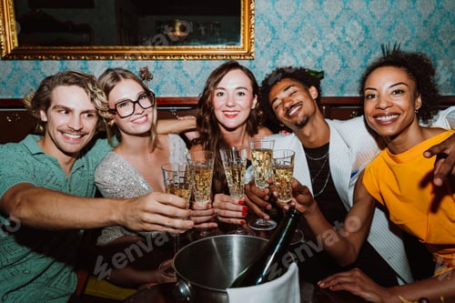 Preview: Diverse friends celebrating with champagne at a lively party
